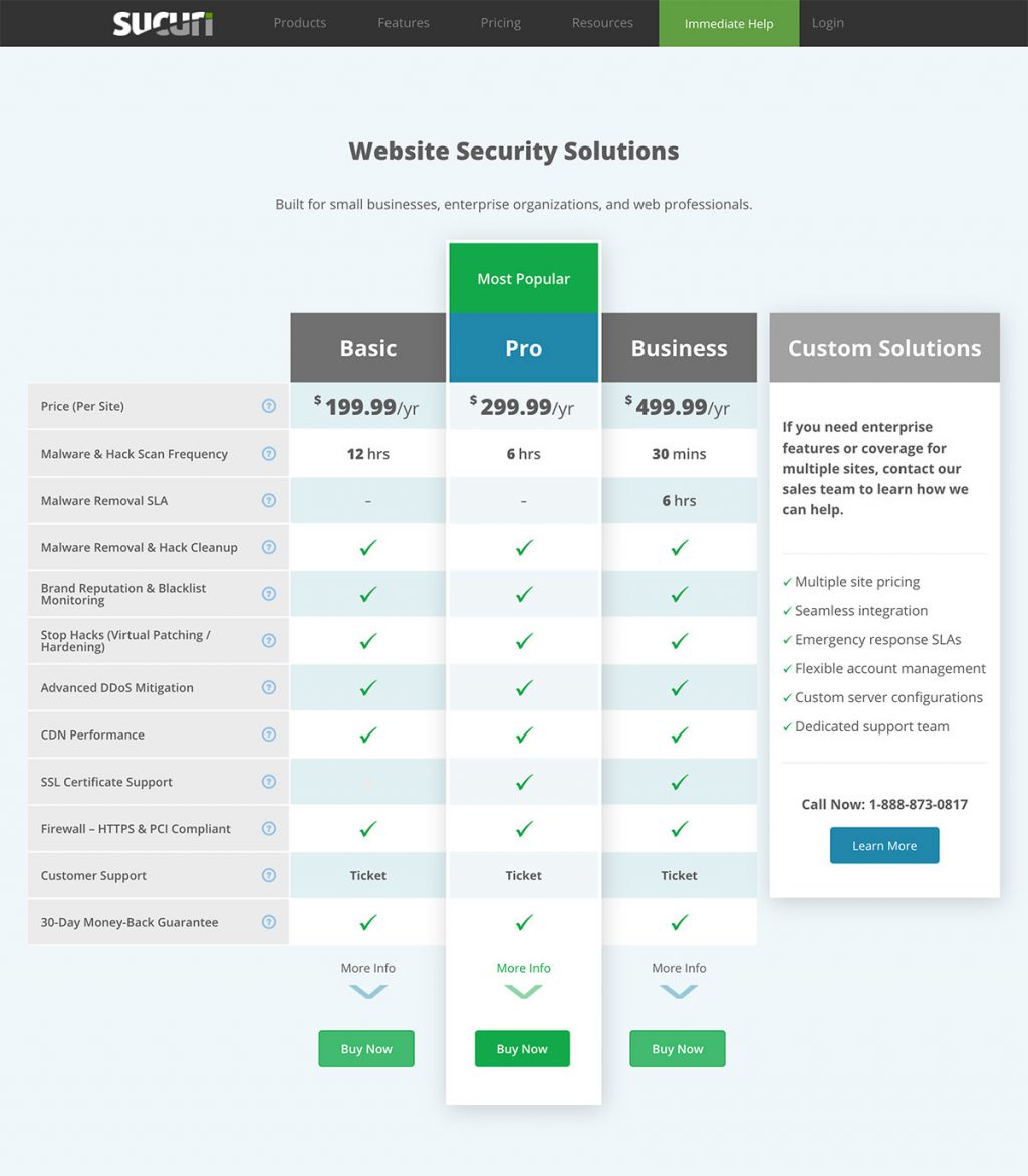 Screenshot of Sucuri pricing plans for WordPress hacked site clean up