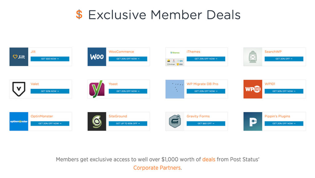 Screenshot of PostStatus Club benefits page noting exclusive discounts